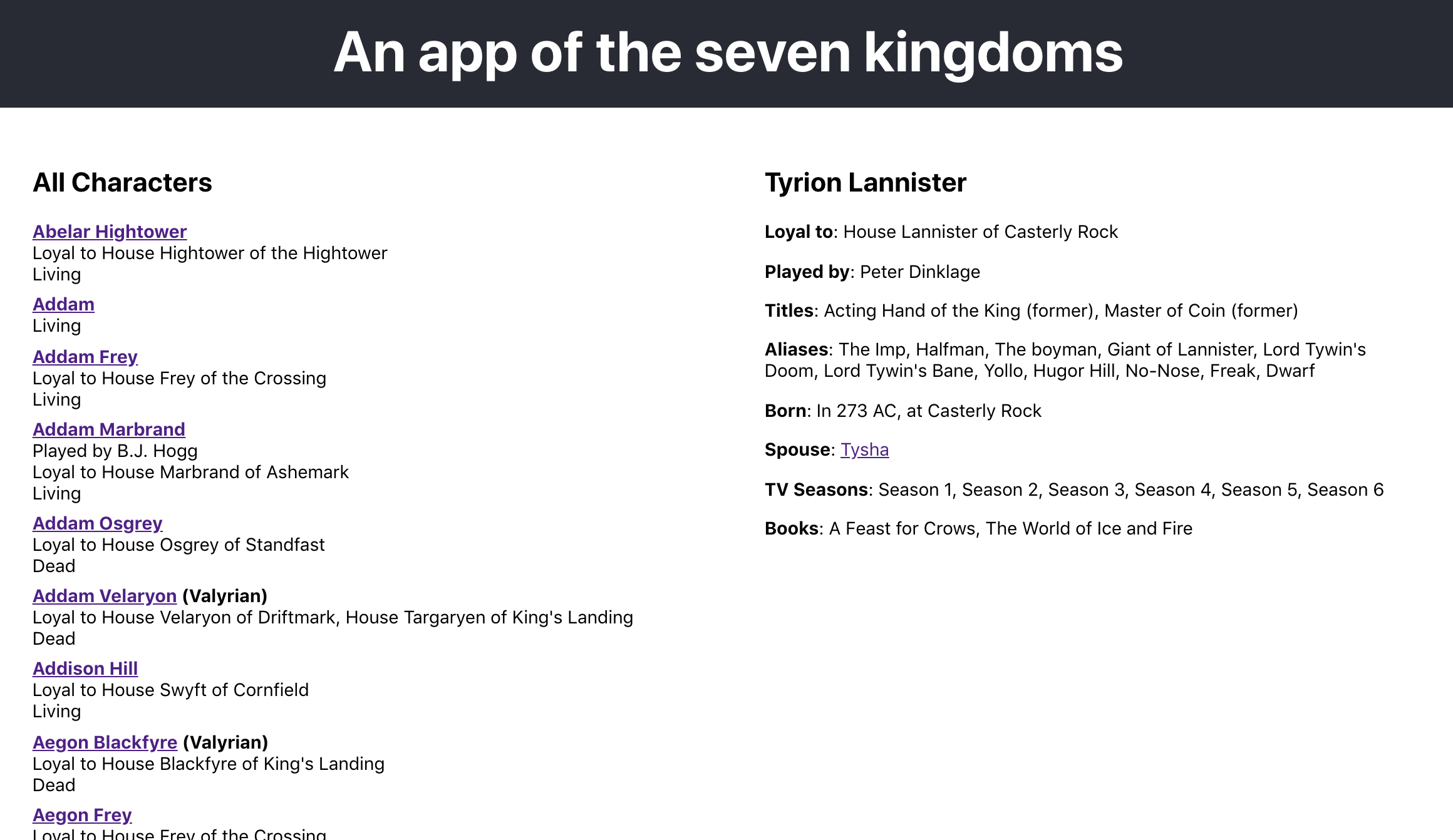 An app of the Seven Kingdoms